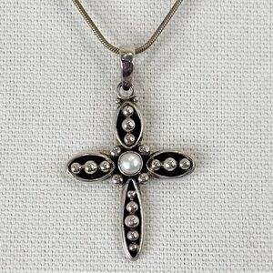 SILPADA Credence Silver & Freshwater Pearl Cross Pendant S0971 & Silver Necklace